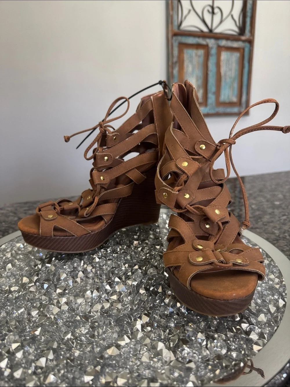 Dollhouse Brown Lace-Up Strappy Wedge Sandals NWOT 9